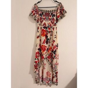 LuLus Jealous Tomato Smocked High Low Maxi‎ Dress Ivory Floral Boho Small
